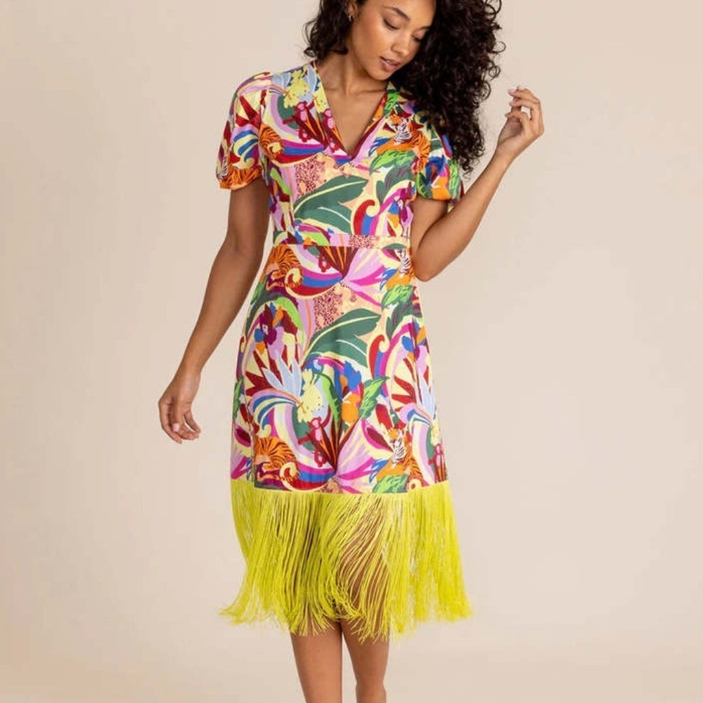 Alden Adair‎ Louisa Rainforest Fringe Midi Dress Animal Colorful NWT Women's XS
